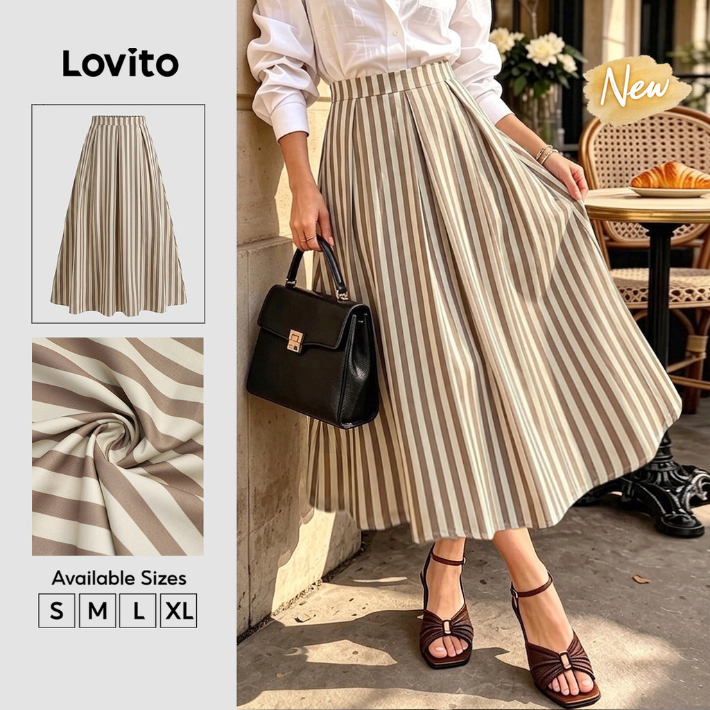 (New Arrival) Lovito Saia Boho Listrada Longa Em Linha a Plissada Primavera/Verão Casual De Fim De Semana Para Mulheres Evangelical SKB39BR130