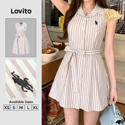 (New Arrival) Lovito Casual Vestido Curto Evase Listrado Amarração Primavera Verão Fim De Semana Para Mulheres DRB205P2D184