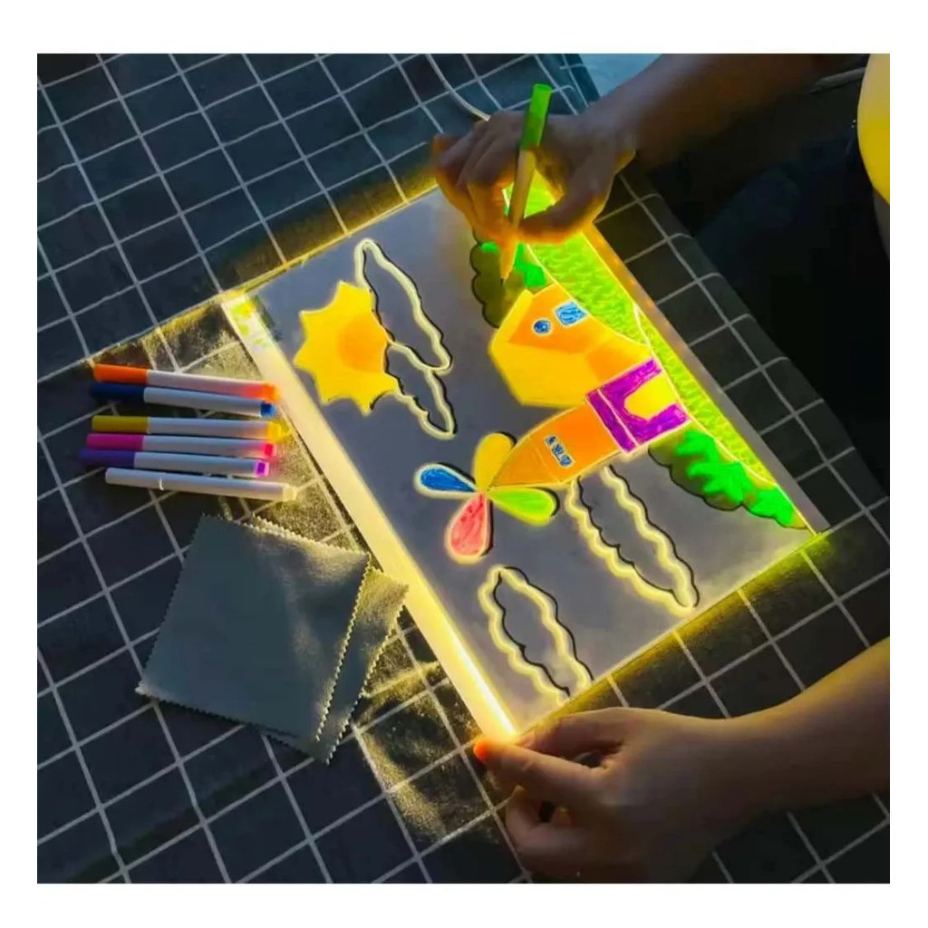 Quadro LED para Desenho Infantil Reutilizável com Canetas Fluorescentes 15x15 ou 30x20cm