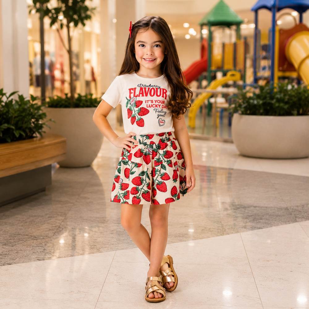 Conjunto Menina Momi Blusa Algodão e Short Moletinho Estampado Morangos
