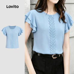 Lovito Elegante Blusa De Renda Dupla Camada Blusa Azul Primavera/Verão Bordado Feminino BLK8P1D677