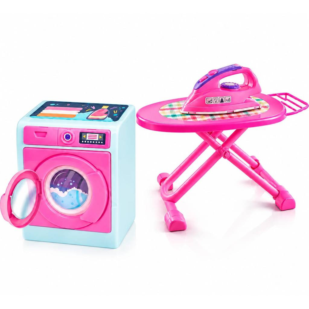 BRINCANDO DE LAVAR PASSAR KIT C/ MAQUINA DE LAVAR ROUPA TABUA DE PASSAR FERRO CABIDE FAZ DE CONTA