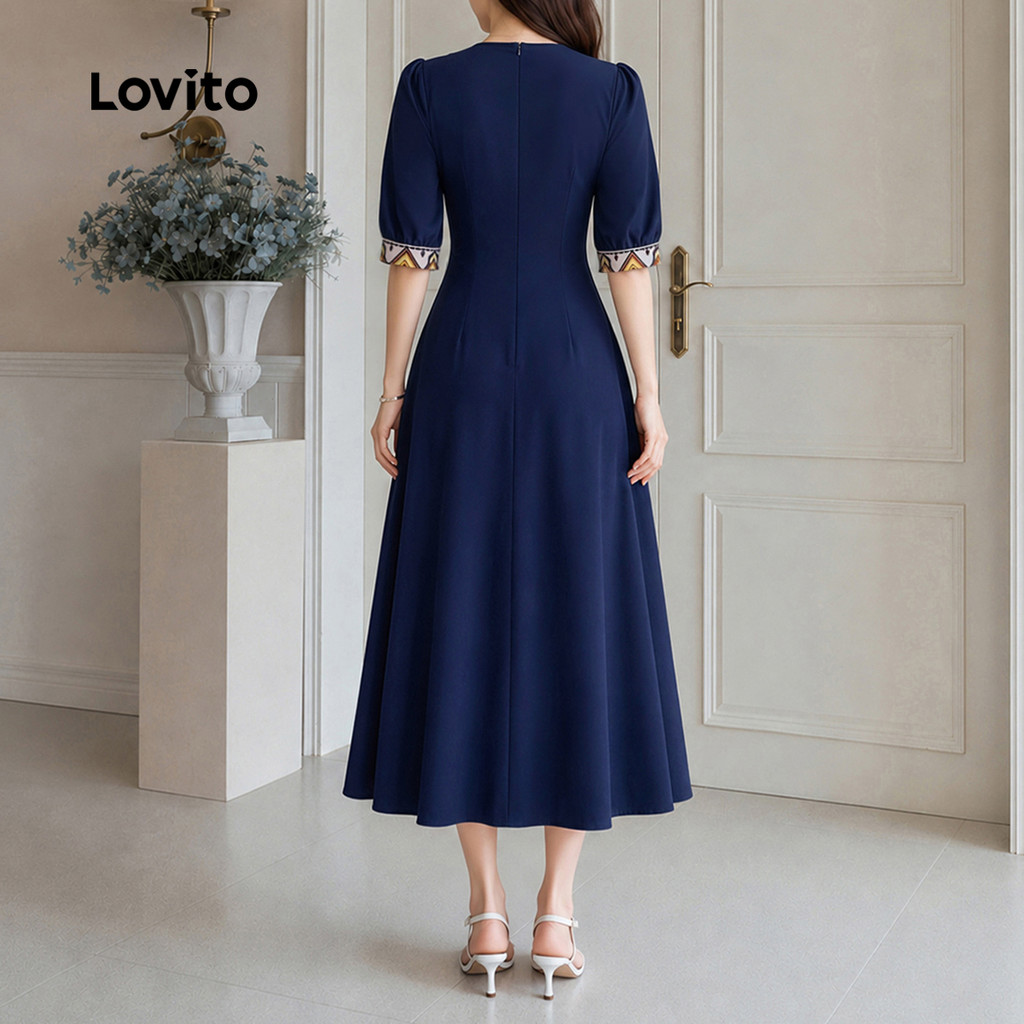 (New Arrival) Lovito Vestido Feminino Longo Evasê Azul Escuro Com Costura Color Block Para Trabalho Primavera/Verão DRB205P2D499 — imagem 2 de 2