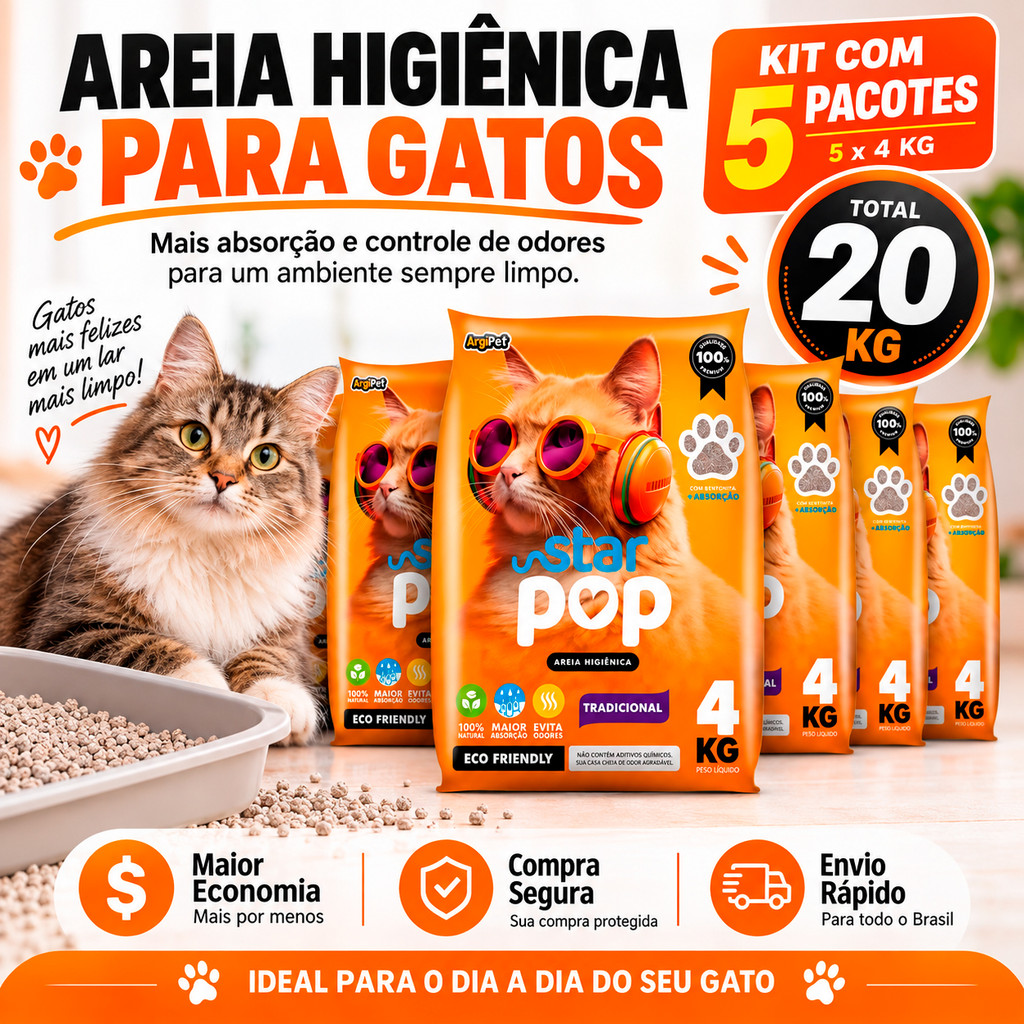 Kit 20KG Areia Higiênica Sanitaria Gato Natural Argila Absorvente Ecológica (Antiodor) StarPop Tradicional