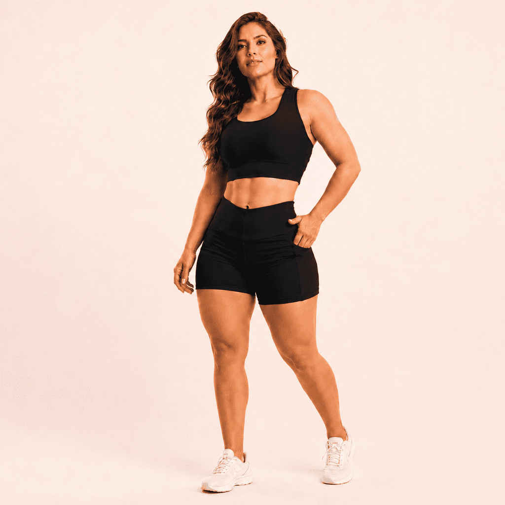 Conjunto Fitness PRETO Feminino Short Modelador Com Bolso Academia Treino Cós Alto Top e Short
