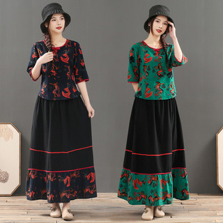 New ethnic Chinese cotton and linen women's clothing, vintage artistic top two-piece set, plus-size modified Tang suit s