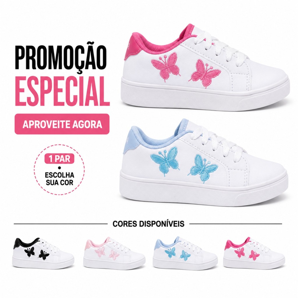 Tênis Infantil Menina Bordado Borboleta Colorido Casual Escolar Dia a Dia Confortável