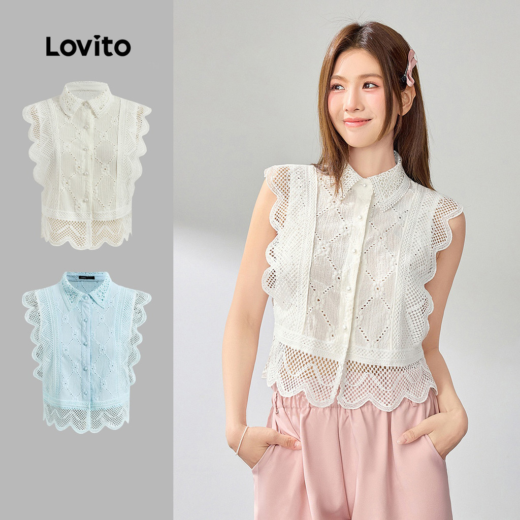 (Férias)Lovito Blusa Feminina De Manga Curta Com Bordado Inglês Em Renda Para O Verão/primavera E Uso Diário Para O Dia a Dia Bordado LR2AD0