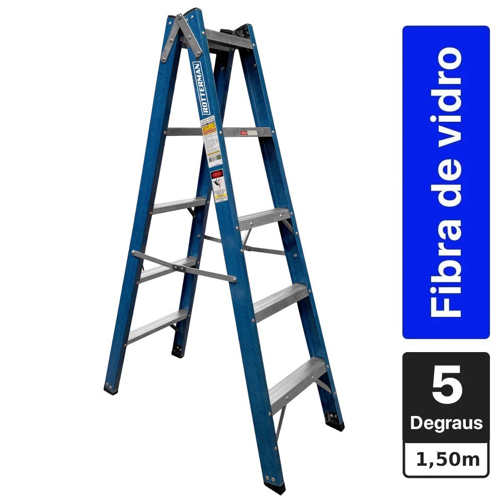 Escada tesoura dupla em fibra de vidro 5 degraus 1,5 m - Premium Rotterman