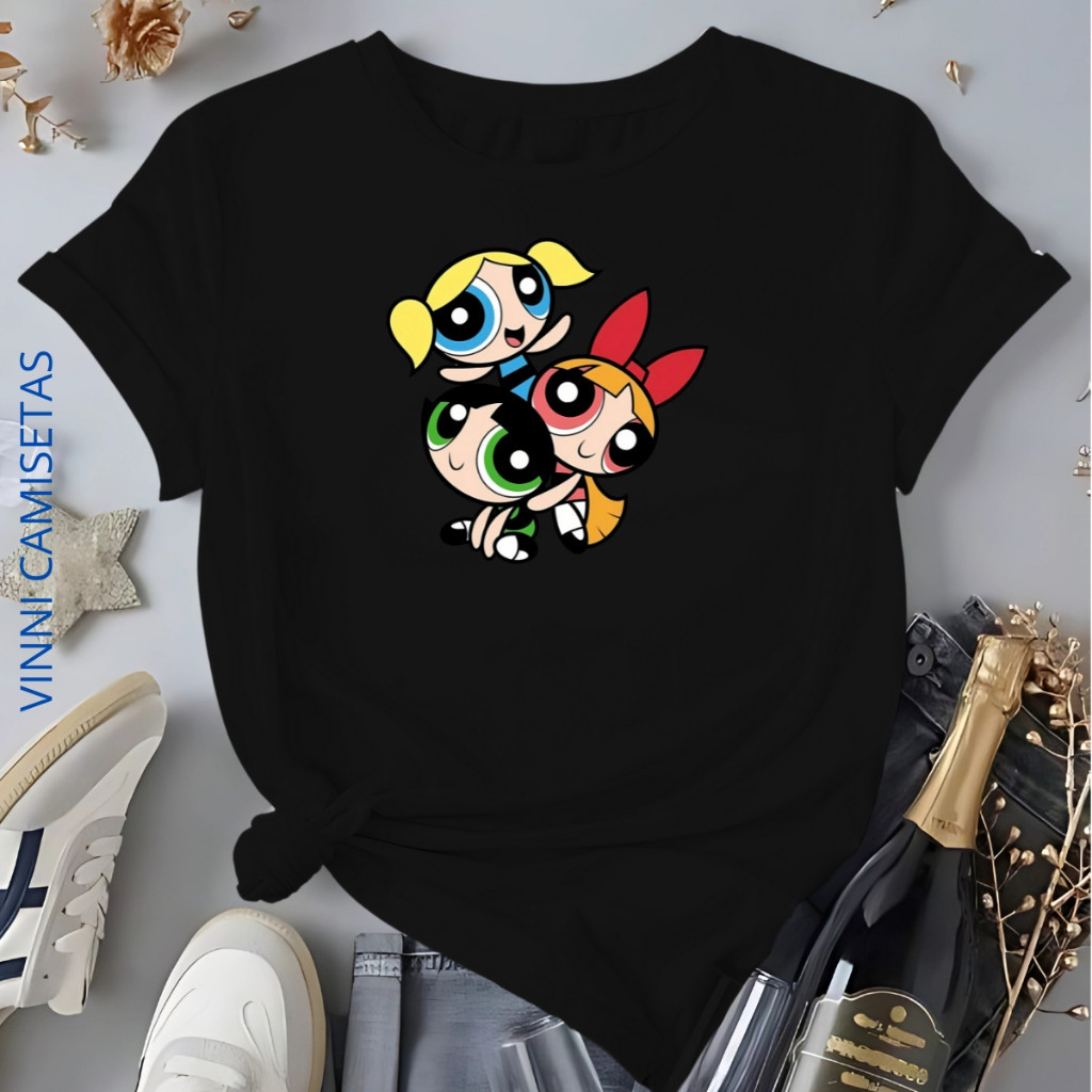 [Camiseta Premium em Algodão Puro]BOW Camiseta Feminina Estampada Meninas Super Poderosas Blusa 100%Algodão Desenho