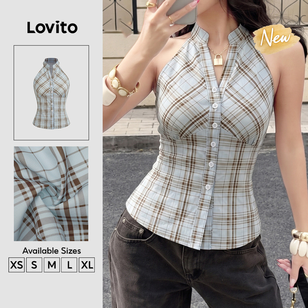 Lovito Blusa Feminina Xadrez Casual Sem Mangas Gola Alta e Botão Frontal Primavera Verão Fim de Semana TKT204P1D060