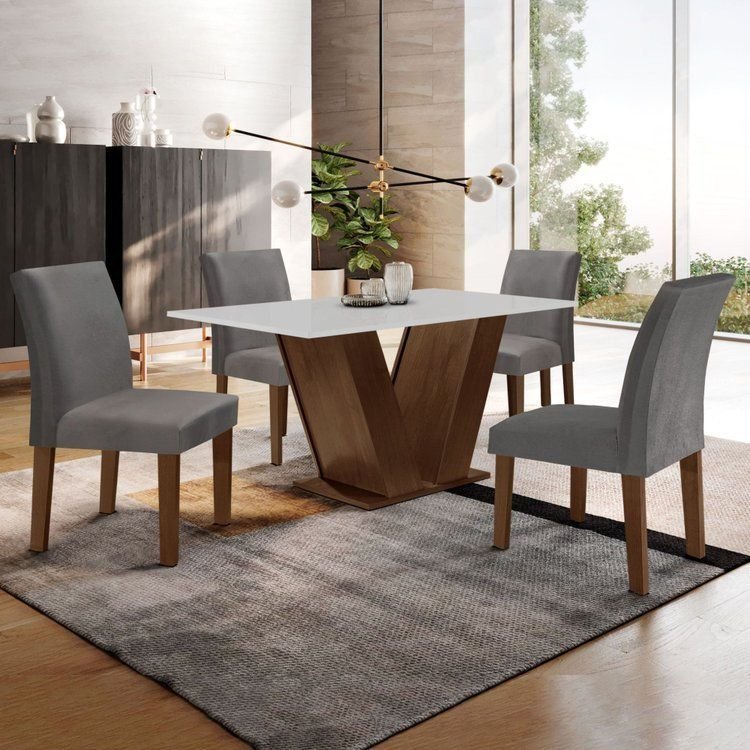 Conjunto Sala de Jantar Mesa 120x80cm Tampo MDF com 4 Cadeiras Espanha Yescasa Chocolate/Grafite/Off White