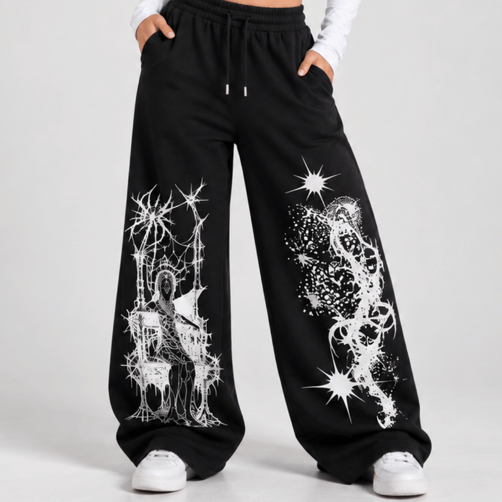 Calça Moletom Wide Leg Feminina Estampada Streetwear Baggy Oversized Gótica Casual Confortável