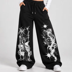 Calça Moletom Wide Leg Feminina Estampada Streetwear Baggy Oversized Gótica Casual Confortável