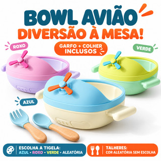 Kit Tigela Infantil Avião com Ventosa Canudo Colher Silicone Bambu Alimentação Bebê Refeição Seguras