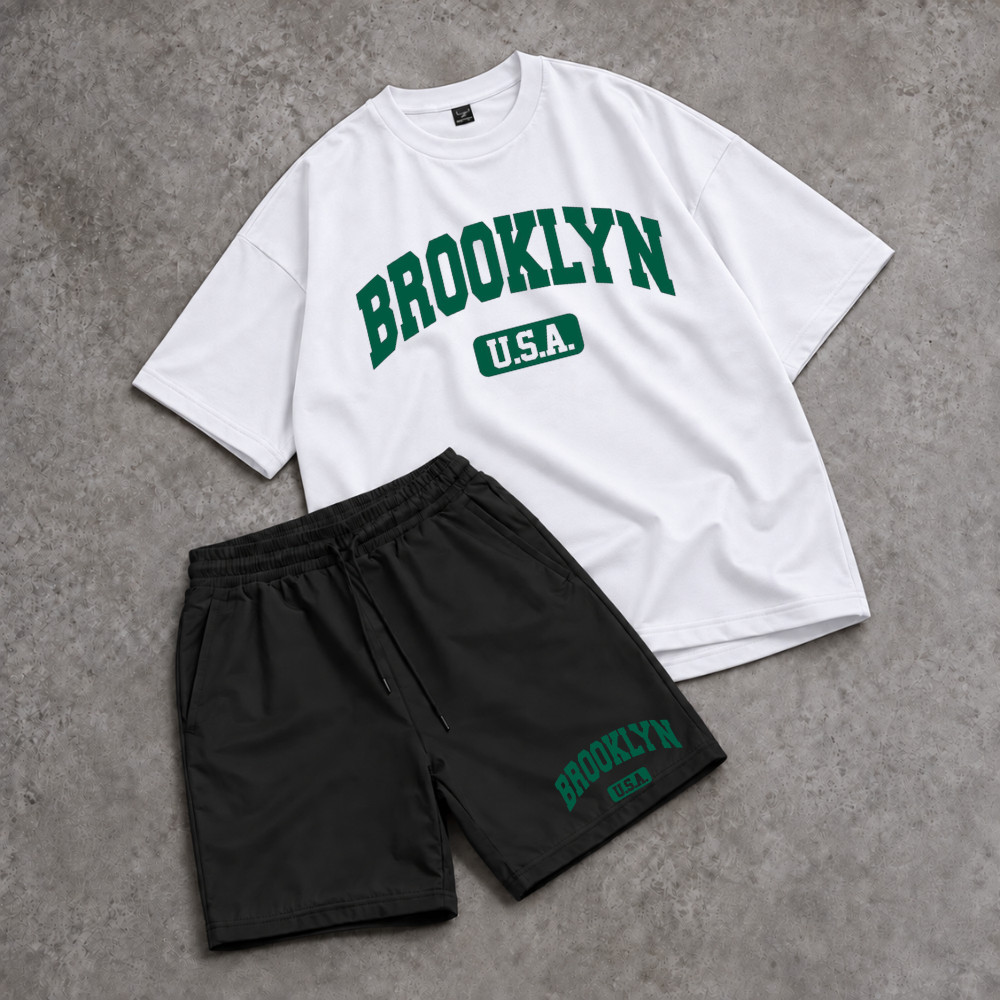 Conjunto Camiseta Oversized e Short Kit Estampado Tactel Brooklyn USA College Nova York Streetwear