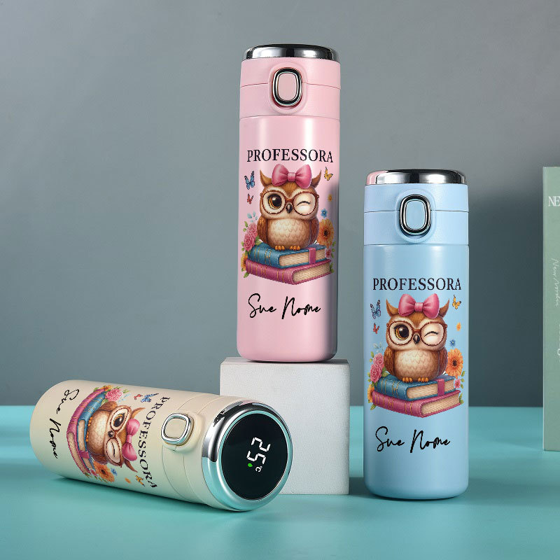 Garrafa Térmica de personalizado Aço Inoxidável Coruja professora com Termometro LED Digital Estampada 420ml