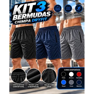 Kit 3 Bermuda Dryfit Masculina Flanelada Esportiva Perfeita Para o Dia a Dia, Academia, Corrida