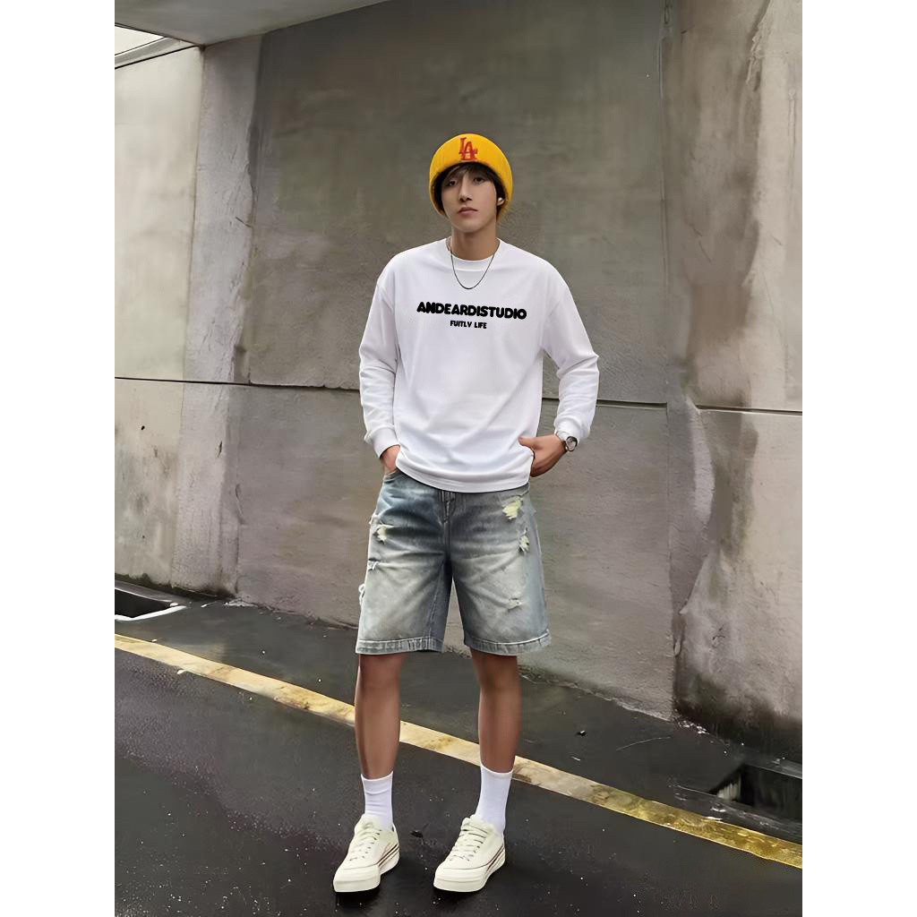 Americano High street Fuzzy carta impressão de manga comprida camiseta roupas masculinas 2026 primavera outono em torno 