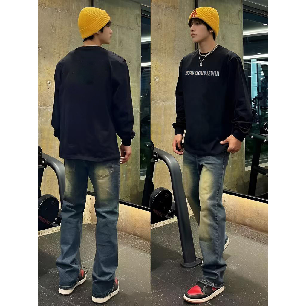 Street Wear americano Retro carta impressão de manga comprida camiseta masculina puro algodão 2026 primavera outono novo