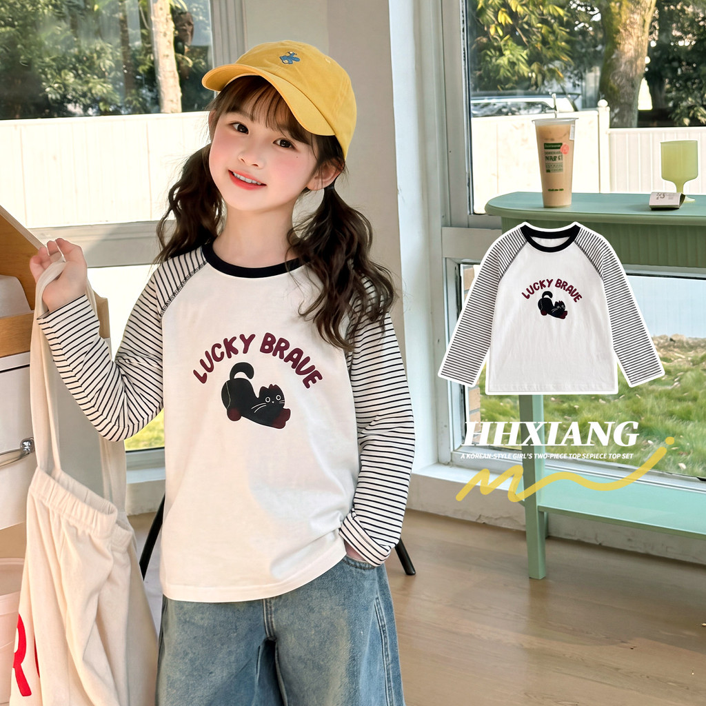 Meninas de manga comprida camiseta roupas de outono 2026 novo estilo crianças primavera outono estilo ocidental listrado