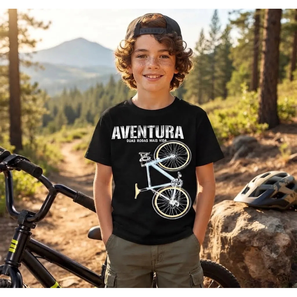 Camiseta Bicicleta Aventura Infantil Personagem Estampada Confortável Casual Lançamento