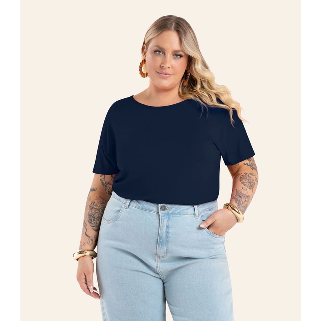 Blusa Manga Curta Feminina Plus Size Secret Glam Azul