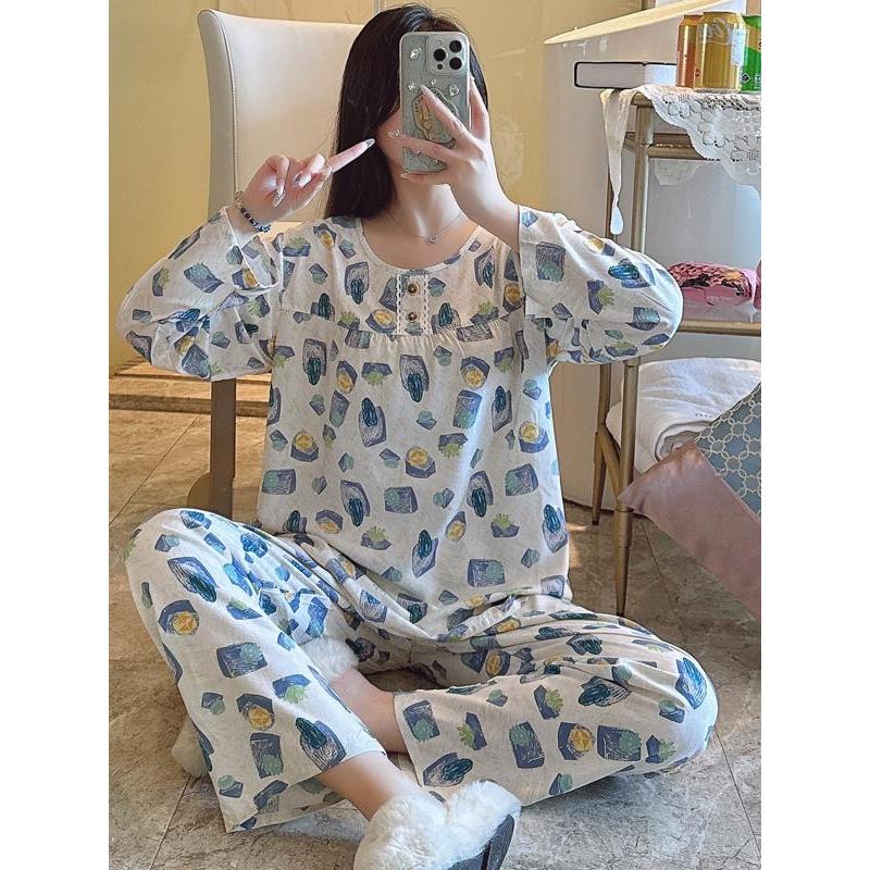 Verão algodão seda pijamas feminino verão manga comprida algodão Artificial Loungewear feminino verão algodão seda ar co