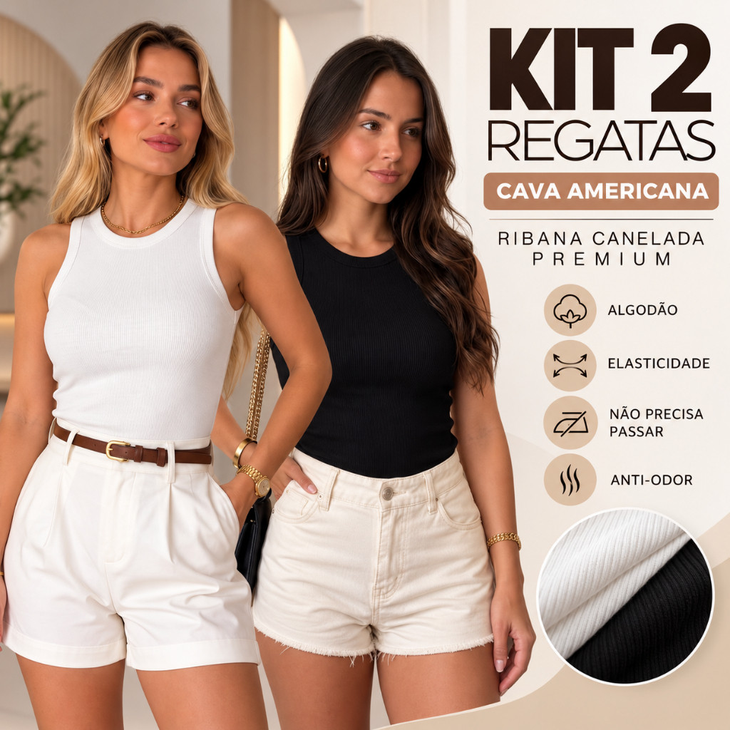 Kit 2 Blusas Feminina Regata Canelada Algodão Elastano Premium Americana Lançamento  Verão Basica Promoção