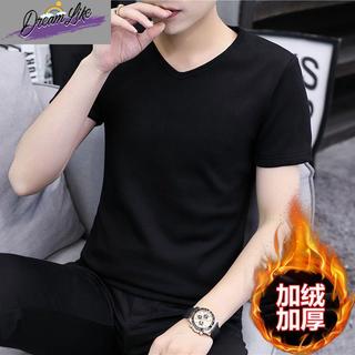 Outono inverno forro de lã engrossado quente manga curta camiseta masculina coração com decote em V puro camisa de fundo