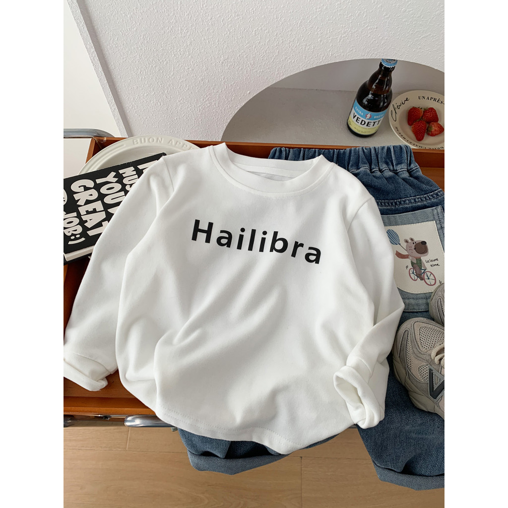 Meninos primavera outono puro algodão manga comprida camiseta 2026 novo estilo crianças branco em torno do pescoço solto