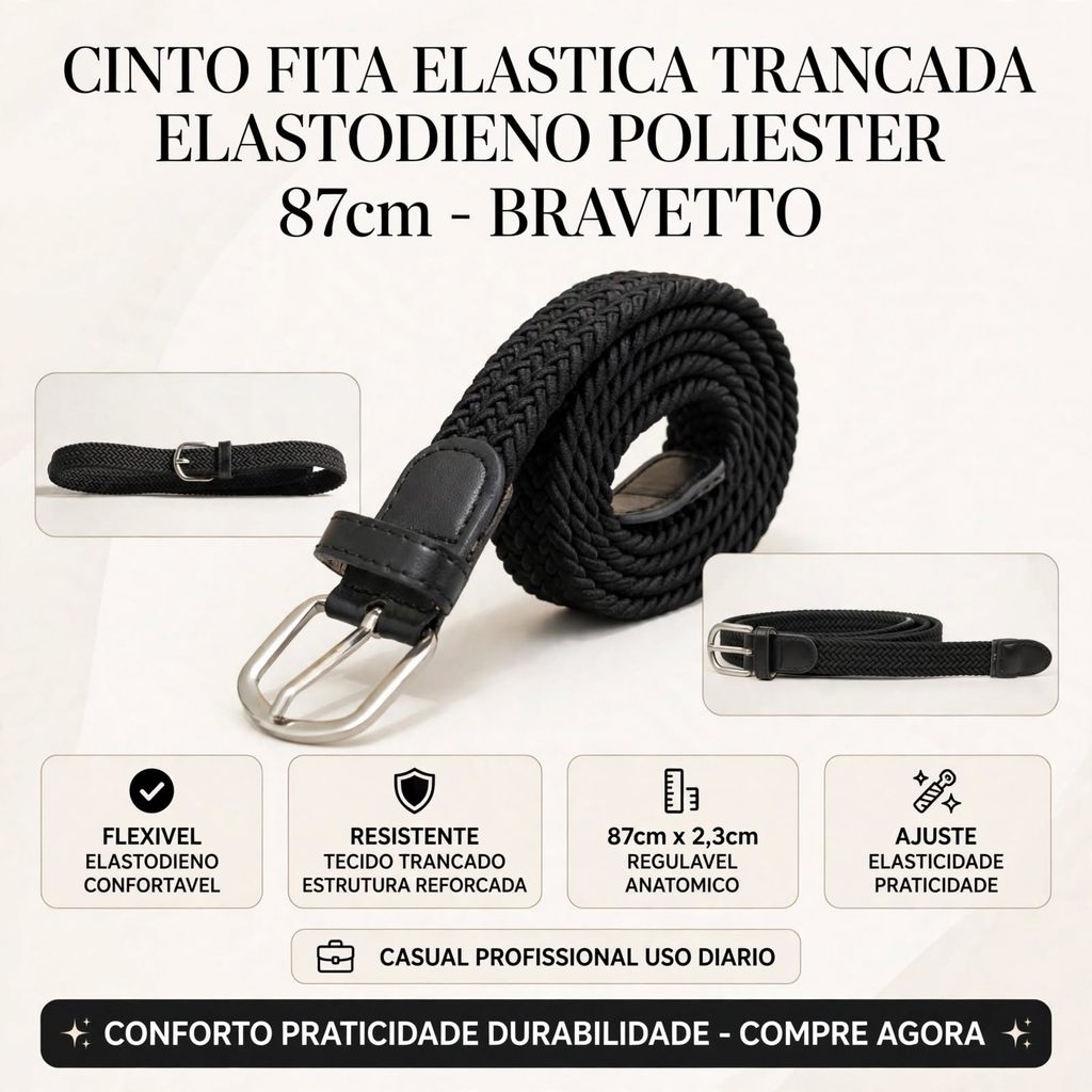 Cinto Masculino Elástico Trançado 87cm Flexível Resistente Confortável Anatômico Bravetto Casual