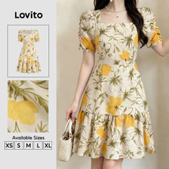 Lovito Vestido Feminino Casual Amarelo Floral Com Bainha Babado Drapeado Pregas Curto Linha A Para Primavera Verão Fim De Semana DRB201P1D280