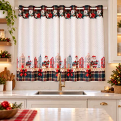 Cortina Cozinha Simples 2,60m x 1,40m Coleção Natal Papai Noel Xadrez