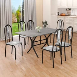 Conjunto Sala de Jantar Mesa Retangular 140x75cm Tampo Granito Topázio 6 Cadeiras Linda Yescasa Preto/Paraopeba/Fosco
