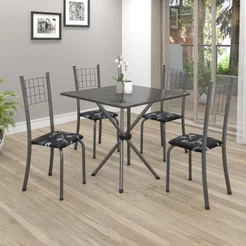 Conjunto de Mesa Tubular 70x70cm Tampo em Ardósia com 4 Cadeiras Dany Cinza/Preto Floral/Martelado Prata/Ardosia