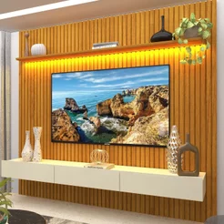 Rack com Painel para TV até 90 Polegadas 100% MDF Ripado com LED 250CMX228.8cm Nobre Naturale/Off White Naturale/Off