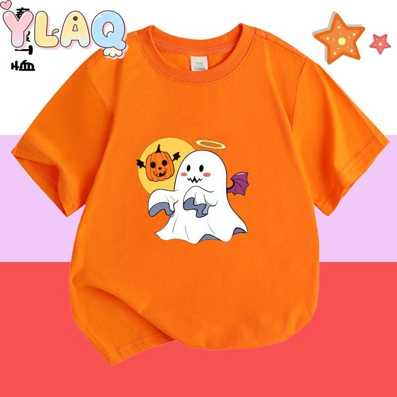 Halloween Bonito Fantasma Abóbora Impressão Crianças Camiseta Unissex Meninos Meninas Manga Curta Tripulação Pescoço Top