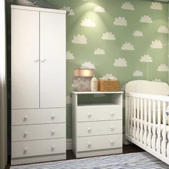 Quarto Infantil com Guarda Roupas 2 Portas 3 Gavetas e Cômoda 3 Gavetas Teka Espresso Móveis Branco/Brilho Branco