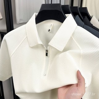 Camiseta masculina de manga curta, com gola, para uso diário, com zíper, listrada, de alta qualidade, 3ULM