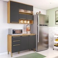 Armário de Cozinha Compacta Modulada 2 Peças 6 Portas com Tampo e Vidro 100% MDF Itália Espresso Móveis