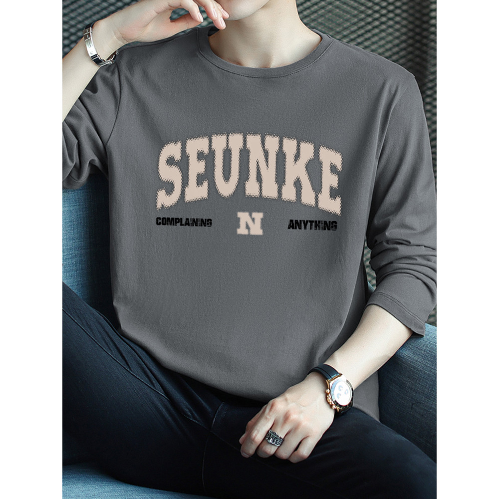 Camiseta masculina de manga comprida puro algodão roupas superiores na moda carta impressa em torno do pescoço algodão c
