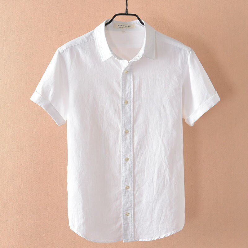 Camisa de linho respirável masculina de manga curta magro-ajuste topo verão lapela fina juventude algodão linho Casual c