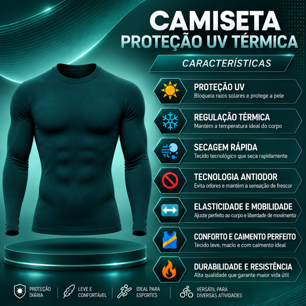 Camiseta Proteção Solar Uv 50+ Verde Militar Segunda Pele Masculina Térmica Frio e Calor Treino