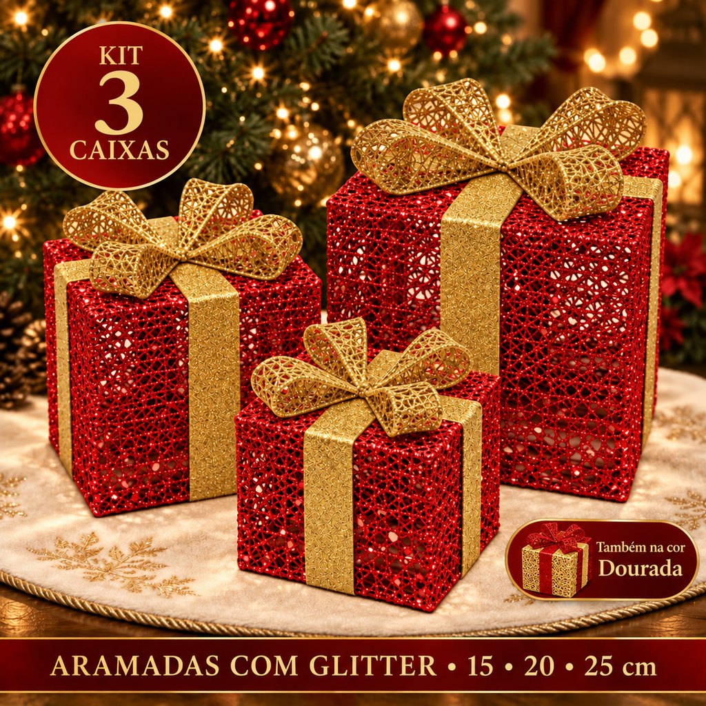 Caixa Presente Decorativa Natal Kit 3 Enfeite Árvore de Natal Glitter Vermelha Dourada Pé de Árvore