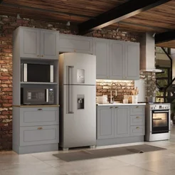 Cozinha Compacta Modulada 4 Peças 100% MDF com Torre Quente e Balcão sem Tampo Cinza/Nature Emily Cinza/Nature