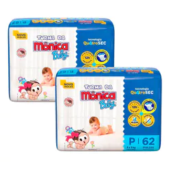 Kit 2 Fralda Turma da Mônica Baby Tamanho P Pacote Mega 62 Unidades Descartáveis
