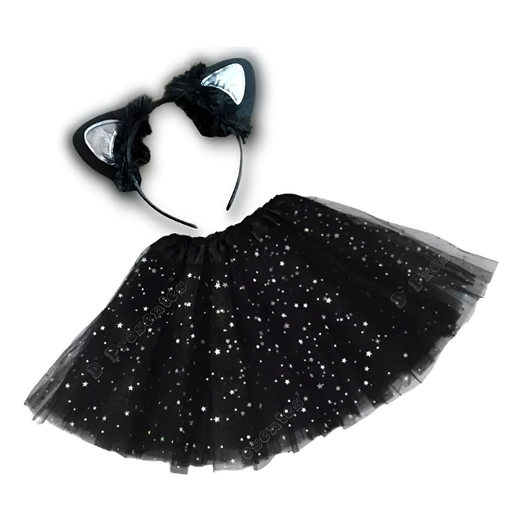 Fantasia Gatinho Tule Preto Orelha Adulto Halloween Gata Ful