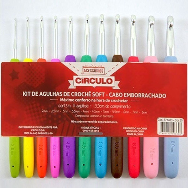 Kit Agulha De Crochê Soft Cabo Emborrachado 11 Uni. Círculo Conforto Praticidade Cabo Emborrachado