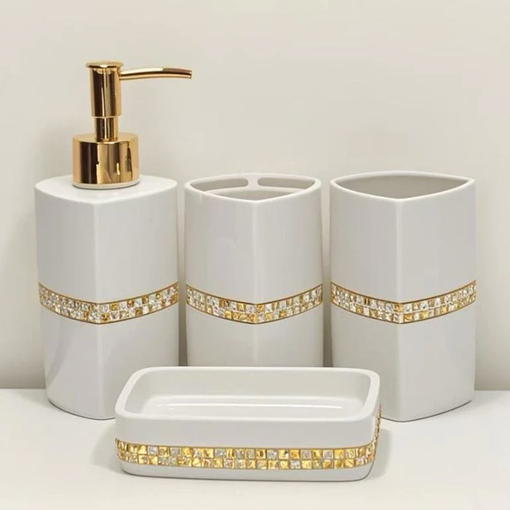 Kit Conjunto Para Banheiro 4 Peças Porta Sabonete Escova Branco em Oferta na Shopee